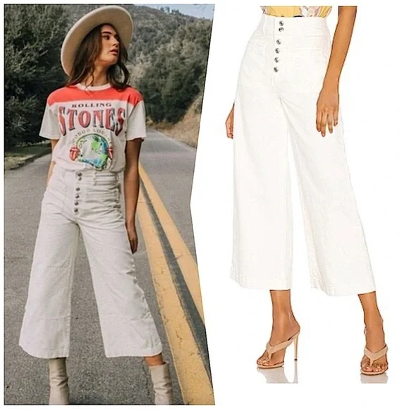 FREE PEOPLE Colette Wide Leg Culottes button fly white cropped jeans size 30 - Picture 1 of 16